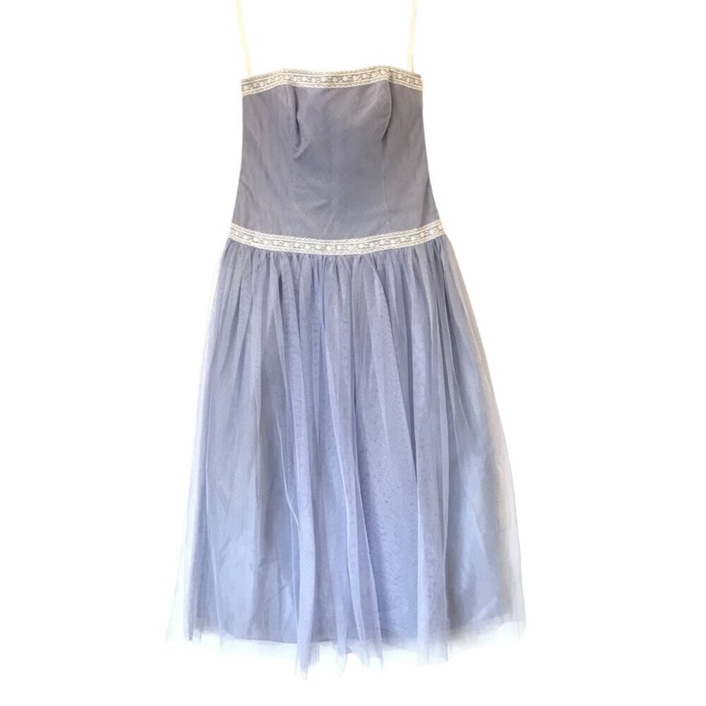 Vera Wang 2 Vintage Blue Tulle Strapless Midi Dress Lace Trim Y2K Fairy Romantic